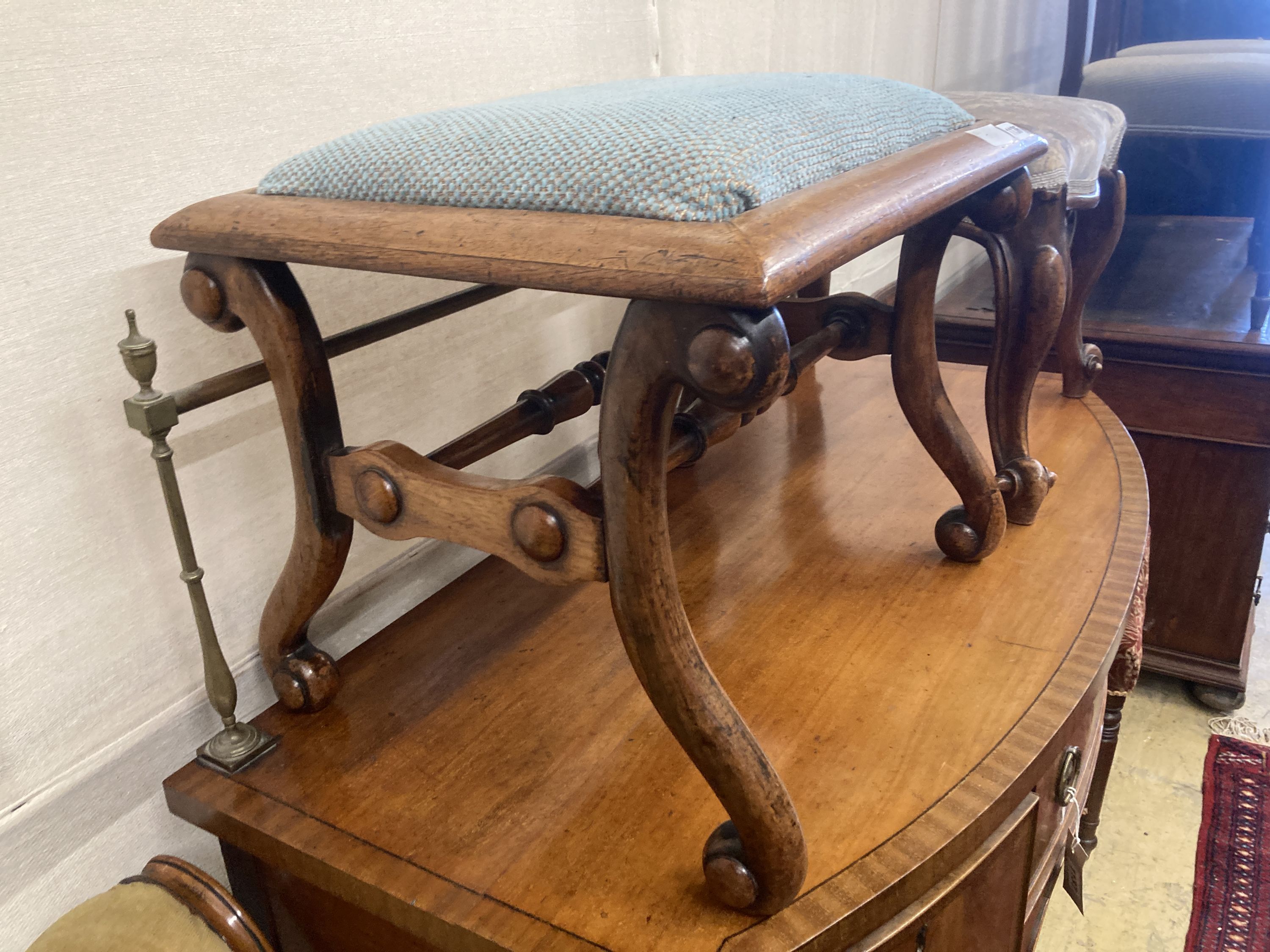Two Victorian mahogany and rosewood dressing stools, larger 51cm, depth 44cm, height 44cm